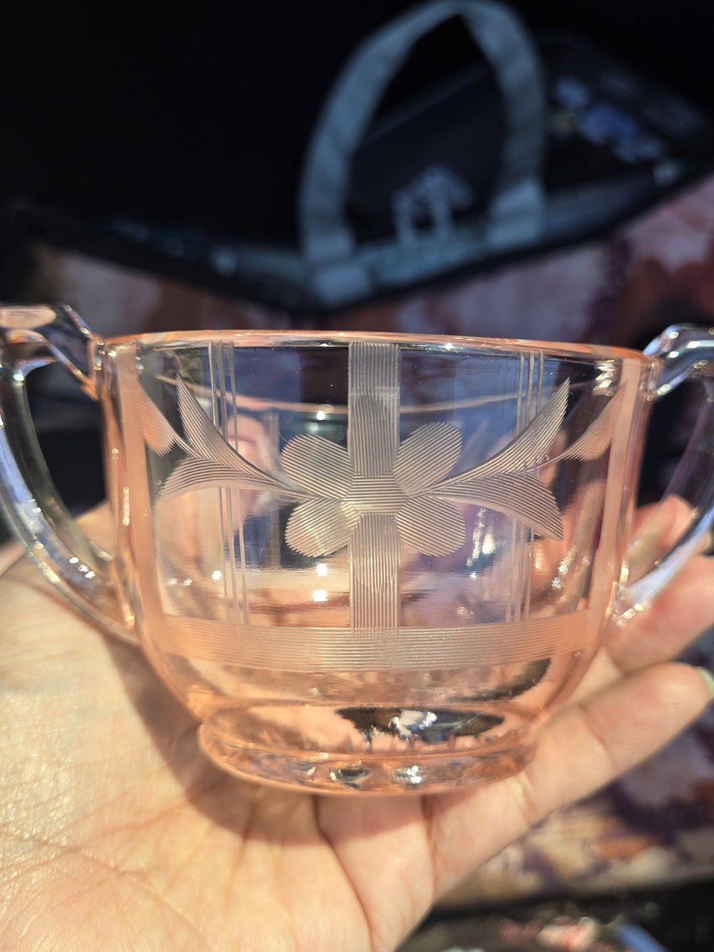 Vintage Pink Etched Glass Creamer and Saucer Set - Picture 4 of 7